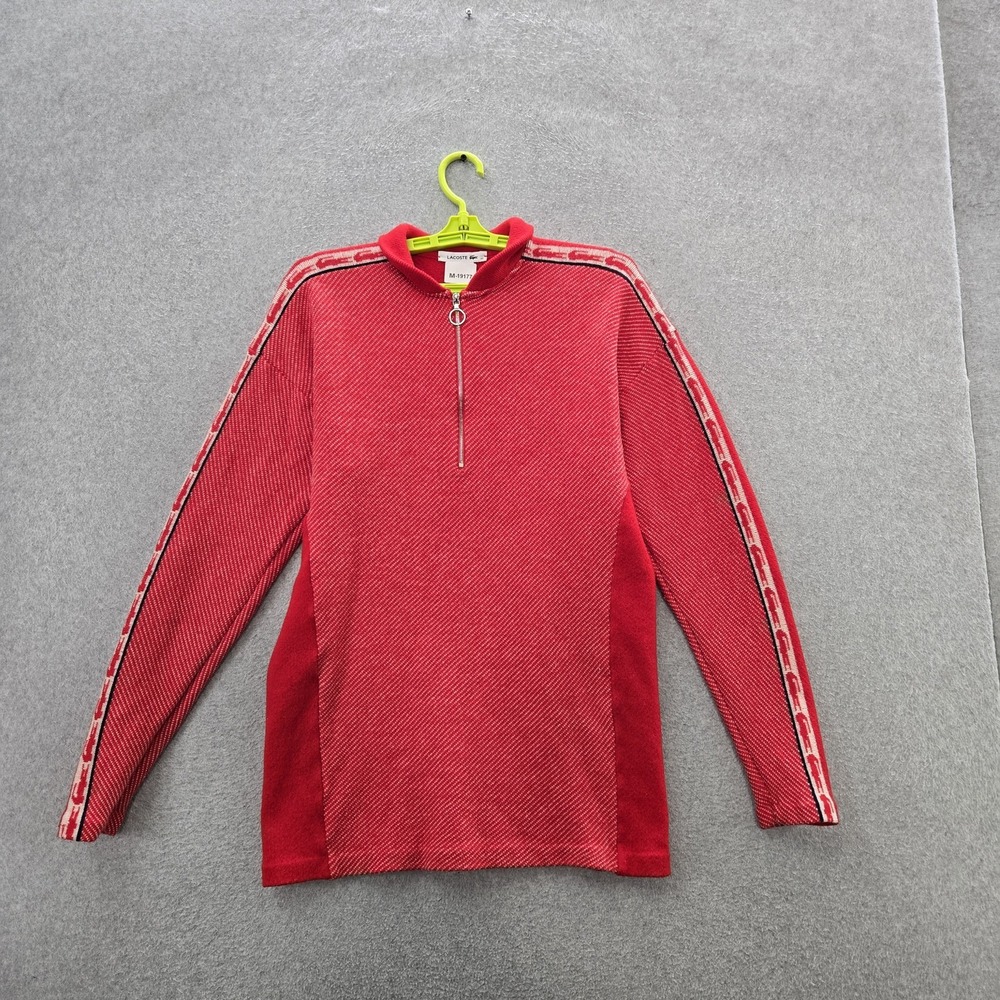 Lacoste Women Sweater 40 Red Wool Striped Blade Collar Logo Tunic